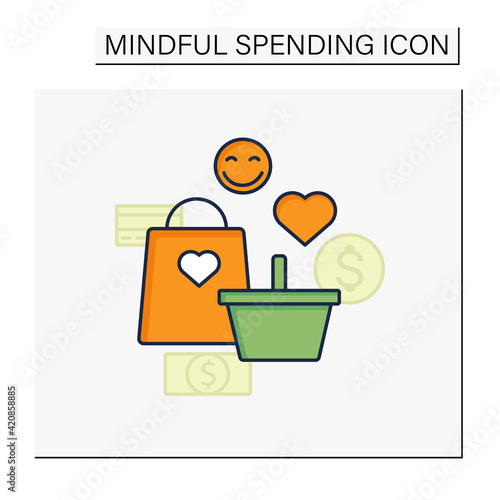 Shopaholism color icon. Thoughtless spending money. Buying unnecessary things. Positive emotions.Mindful spending concept.Isolated vector illustration