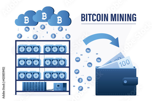 Bitcoin mining farm. Many video cards earn crypto currency. Mining Cryptocurrency. Distributed cloud computing. E-wallet with profit.