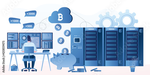 Big mining farm. Video cards earns bitcoins. Male miner or businessman at workplace. Monitoring equipment operation. Process of earning cryptocurrency.