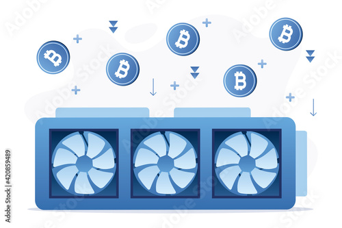 Huge graphic card attracts bitcoins. Mining Cryptocurrency. Bitcoin mining farm, concept banner. Distributed computing.