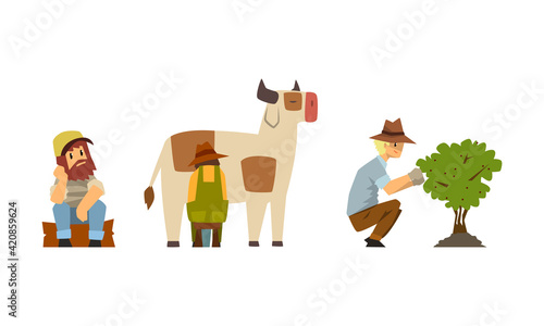 Bearded Man Farmer Picking Berries and Milking Cow Vector Set