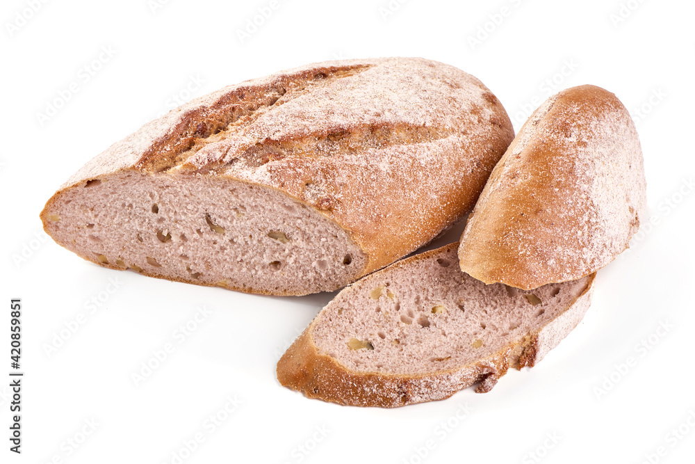 Freshly baked rustic bread, isolated on white background. High resolution image