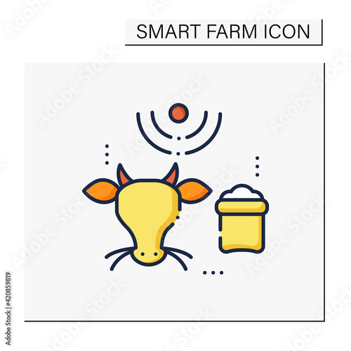 Feeding livestock color icon. Process of feeding cattle. Farm animal eating. Grazing cattle, livestock agricultural industry. Smart agriculture concept. Isolated vector illustration