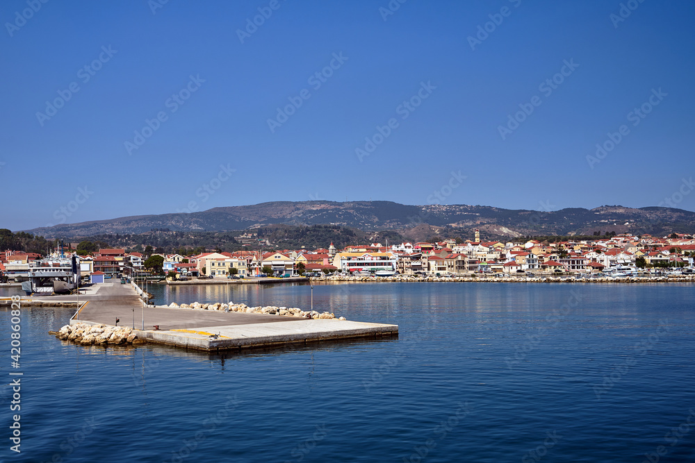 View of the port and buildings of the city of Lixouri on the island of Kefalonia