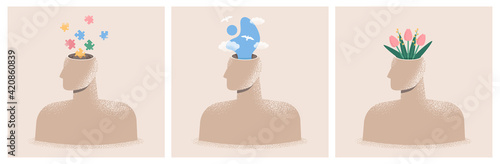 Mental health, psychology concept set. Collection of illustrations of human heads. Psychological wellness, positive thinking, emotions, creativity. World mental health day. Isolated flat vectors