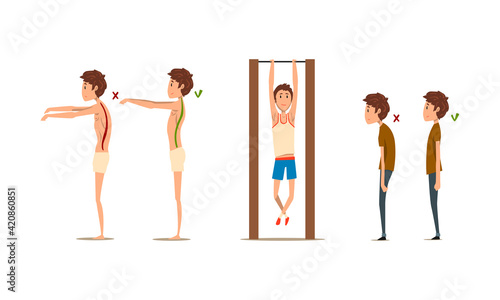 Teen Boy Demonstrating Wrong and Correct Spine Posture Vector Set
