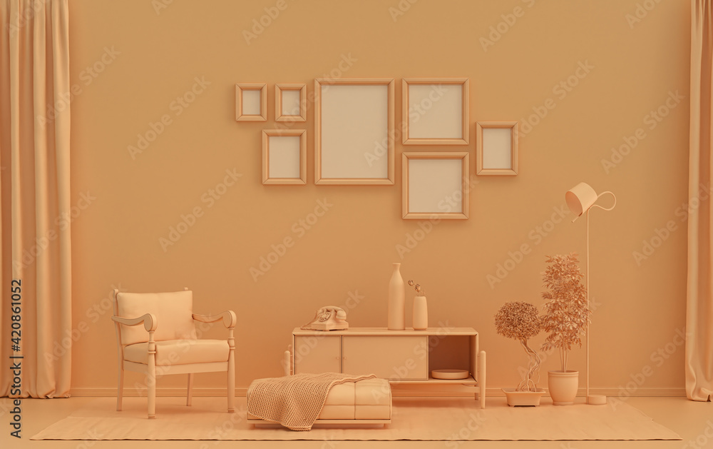 Fototapeta premium Minimalist living room interior in flat single pastel orange pinkish color with seven frames on the wall and furnitures and plants, in the room, 3d Rendering