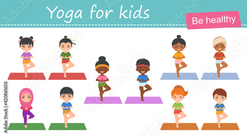 Yoga for kids.Set of cute chibi girls and boys of different nationalities doing yoga.  Cartoon flat style