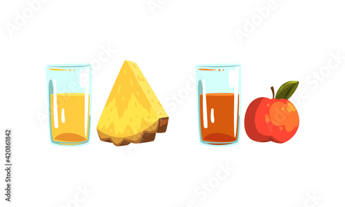 Glass of Fresh Squeezed Juice with Fruit Ingredient Rested Nearby Vector Set