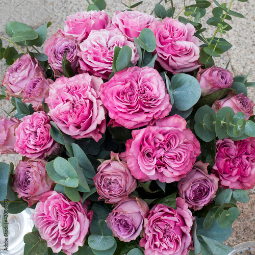 Pink peony roses with eucalyptus in a wedding bouquet.