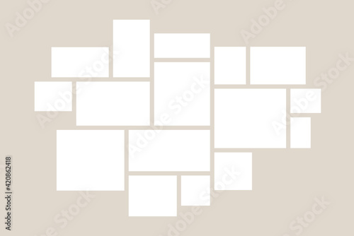 Photo frames collage mockup. Blank geometric shapes. White color pallet, rectangle frames montage. Vector art