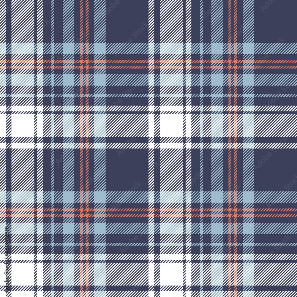 Plaid pattern vector in blue, orange, white. Seamless striped textured tartan check background graphic for spring summer autumn flannel shirt, throw, other modern fashion textile design.