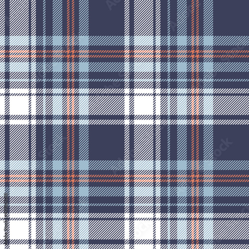 Plaid pattern vector in blue, orange, white. Seamless striped textured tartan check background graphic for spring summer autumn flannel shirt, throw, other modern fashion textile design.