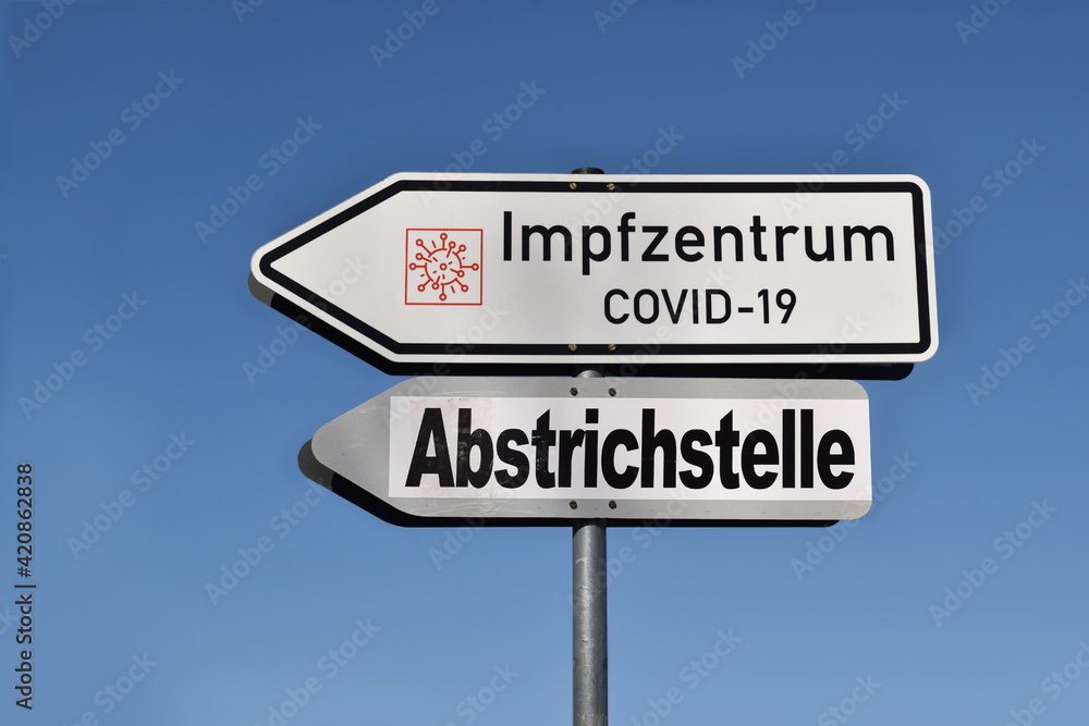 Fototapeta premium Traffic signs or arrows to vaccination against disease of virus covid-19 or coronavirus. Information or text in german language 