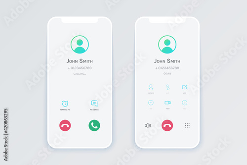 Phone screen call mockup. Mobile device voice connection interface template. Smartphone display vector illustration