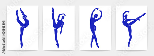 Ballet dancers contemporary posters. Beautiful women shapes. Silhouettes of ballerinas in blue colors, vector art