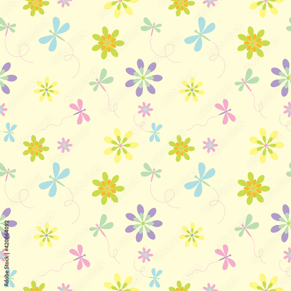Spring and Summer dragonflies and flowers. Fun and colorful (yellow background) - Seamless pattern Spring and Summer dragonflies and flowers. Fun and colorful (yellow background) - Seamless pattern