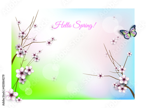 Blooming fruit tree spring background with a delicate beautiful butterfly. Vector illustration for web site design, banner, card, other.