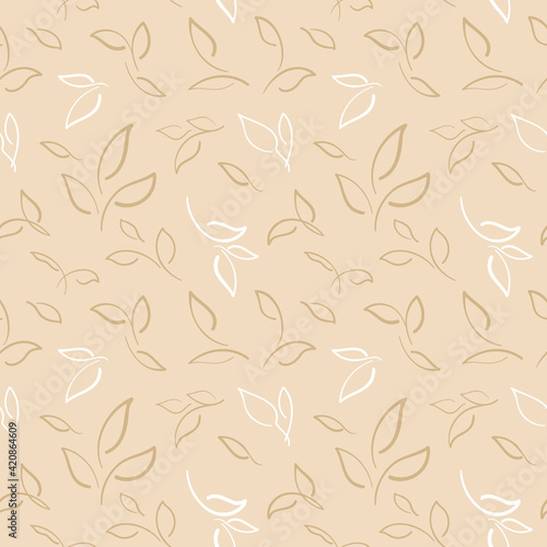 Tan and white leaf branches scattered on a cream background - Seamless pattern © Melissa Hutchinson