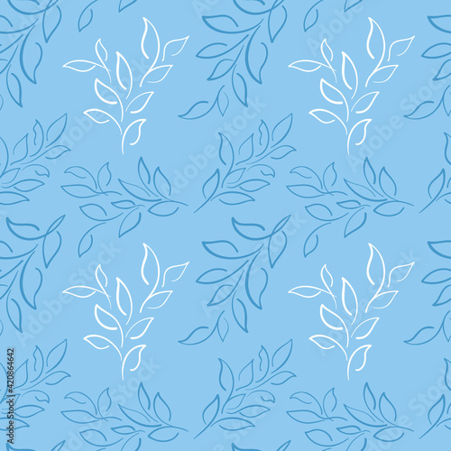 Blue and white leaf branches on a sky blue background - Seamless pattern