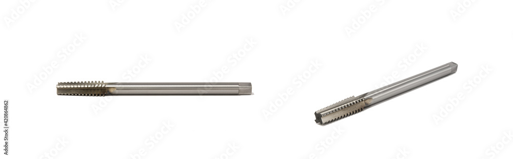 Trapezoidal tap Tr 24x5 p6m5 machine-hand l = 280mm.
Isolated on a white background. Metalworking Trapezoidal tap Tr 24x5 p6m5 machine-hand l = 280mm.
Isolated on a white background. Metalworking