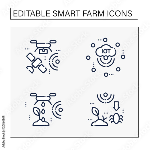 Smart farm line icons set. Consist of IOT sensors, irrigating land, pests and weeds elimination.Agricultural innovation concepts.Isolated vector illustrations. Editable stroke