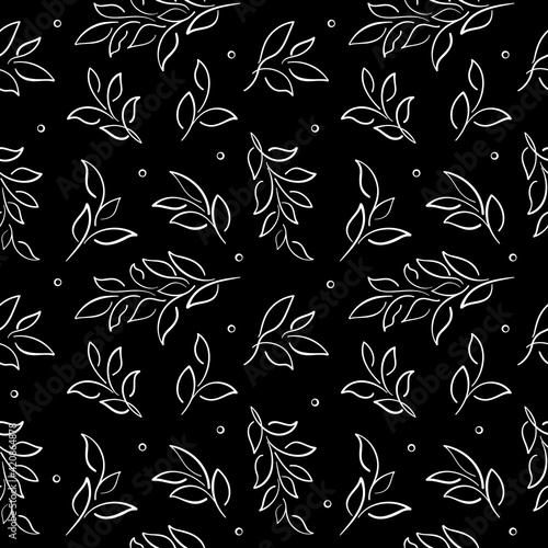 Black and white leaf branches and dots - Seamless pattern