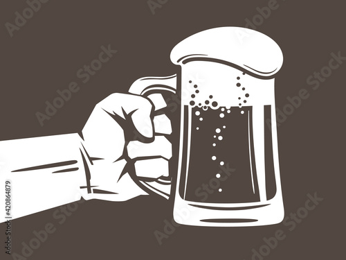 Hand holding glass mug full of beer. Design element for pubs, bars, brewery, beer festivals. Hand drawn vector illustration.