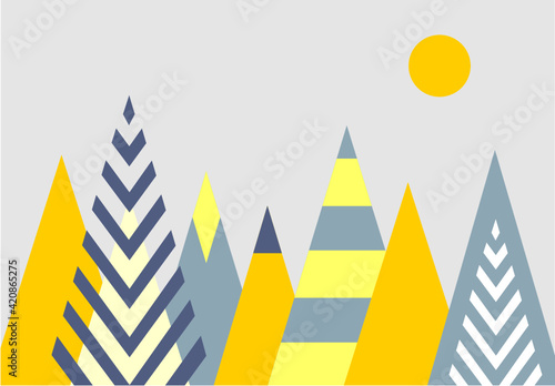 Painted mountains, fairy-tale drawing, photo wallpaper for children's room, beautiful mountains, fairy forest, magic.