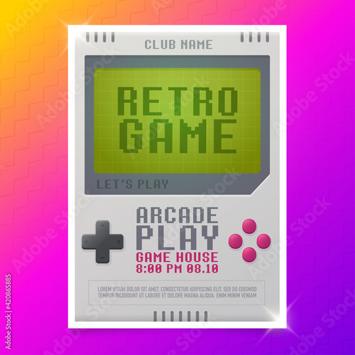 Retro game, Game of 80s-90s. Arcade machine. Retro arcade gaming. Play time poster, flyer template. Vector illustration