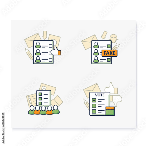 Election color icons set. Electoral college,elections, fake paper, ballot. Choice, vote concept. Democracy. Parliamentary or presidential elections. Isolated vector illustrations