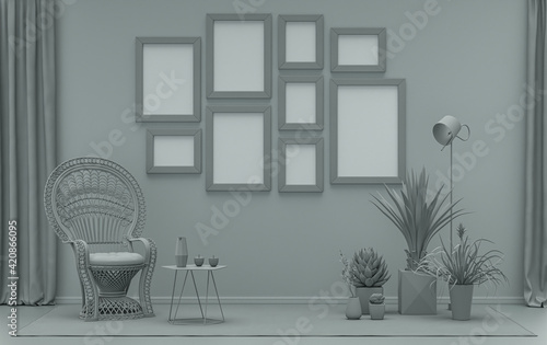 Fototapeta Naklejka Na Ścianę i Meble -  Modern interior flat ash gray color room with furnitures and plants, gallery wall template with 9 frames on the wall for poster presentation, 3d Rendering