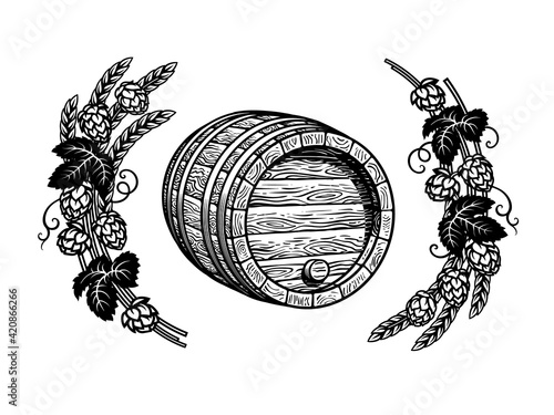 Old wooden barrel with cork in frame of hop branches and wheat barley ears. Beer, wine, rum whiskey traditional barrel.