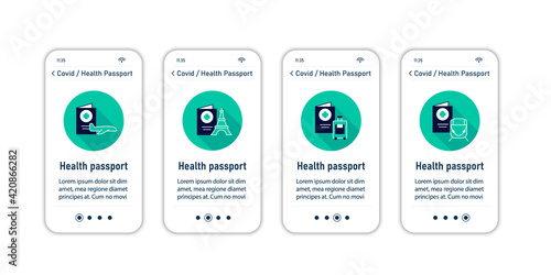 Health passport onboarding mobile app screens.Information about health status. Covid passport collections.Vaccination card steps menu. Set of UI, UX, web template with RGB color linear icons