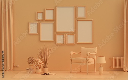 Modern interior flat orange pinkish color room with furnitures and plants  gallery wall template with 9 frames on the wall for poster presentation  3d Rendering