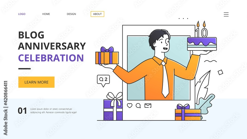 Blog Anniversary concept with man holding a cake and gift