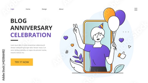 Blog Anniversary Celebration concept with girl on mobile phone