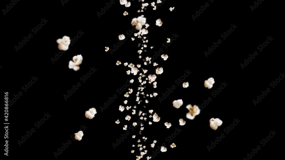 Flying many popcorns on black background. White salty popcorn. Healthy food. Corn seed. 3D loop animation of popcorn rotating. Flying many popcorns on black background. White salty popcorn. Healthy food. Corn seed. 3D loop animation of popcorn rotating.