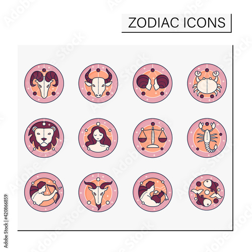 Zodiac color icons set. Fourth fire signs in zodiac. Birth symbols. Mystic horoscope signs. Astrological science concept. Isolated vector illustrations