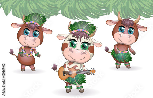 Tropical new year 2021  celebration. Group of cows and bulls as hula dancers with acoustic ukulele guitars  Hawaii