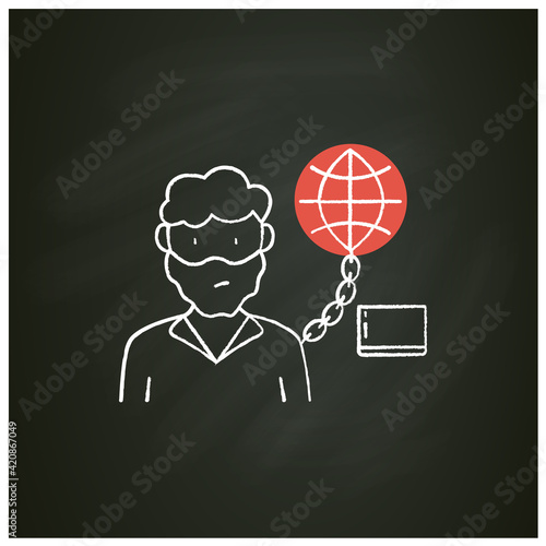 Internet addition chalk icon. Excessive or poorly controlled dependency regarding computer use and internet. Information overload concept.Isolated vector illustration on chalkboard