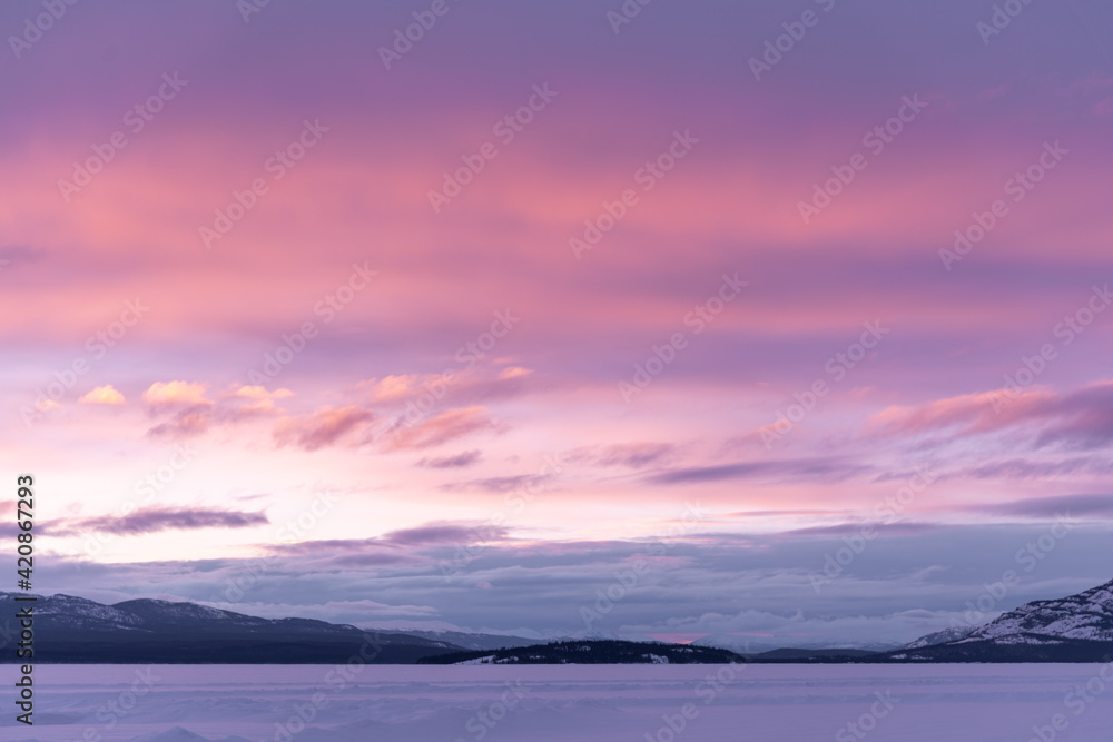 A pink winter sunrise during March with purple pastel scenes in the wilderness of northern Canada. Great for sky replacement use. A pink winter sunrise during March with purple pastel scenes in the wilderness of northern Canada. Great for sky replacement use.