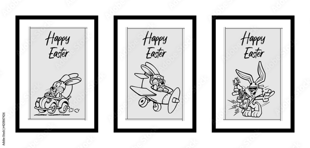Three different design minimalist poster for happy easter in black frame with eggs,nest, typography - vector