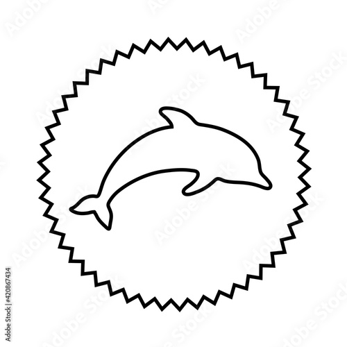 Flat round icon with silhouette of playing dolphin. Summer resort and entertainment symbol. Vector isolated outline illustration