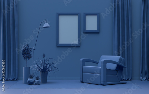 Fototapeta Naklejka Na Ścianę i Meble -  Double Frames Gallery Wall in dark blue monochrome flat color room with furnitures and plants, 3d Rendering