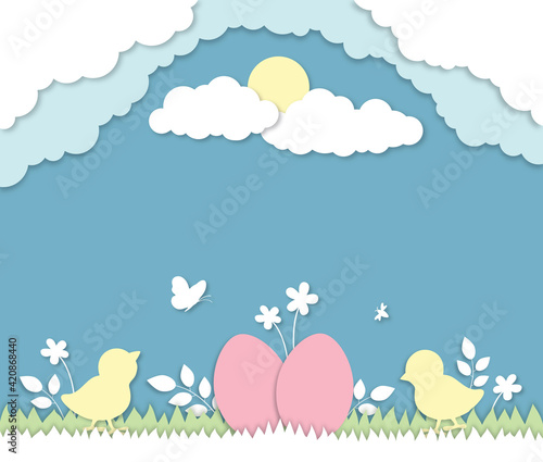 Easter egg hunt 3d paper cut illustration. Chicks  easter eggs  flowers  butterfly vectors  spring holidays design