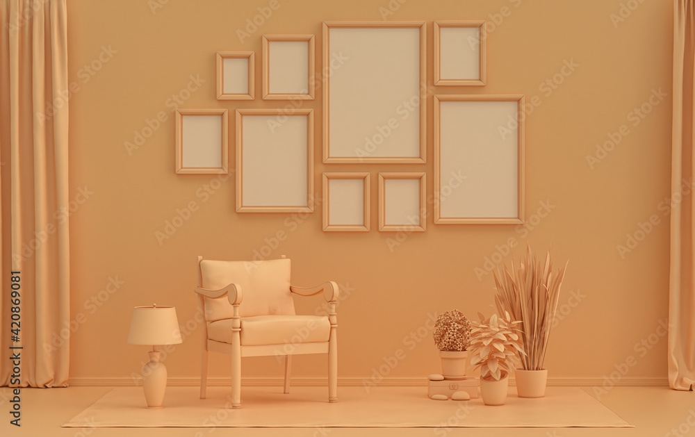 Fototapeta premium Modern interior flat orange pinkish color room with furnitures and plants, gallery wall template with 9 frames on the wall for poster presentation, 3d Rendering