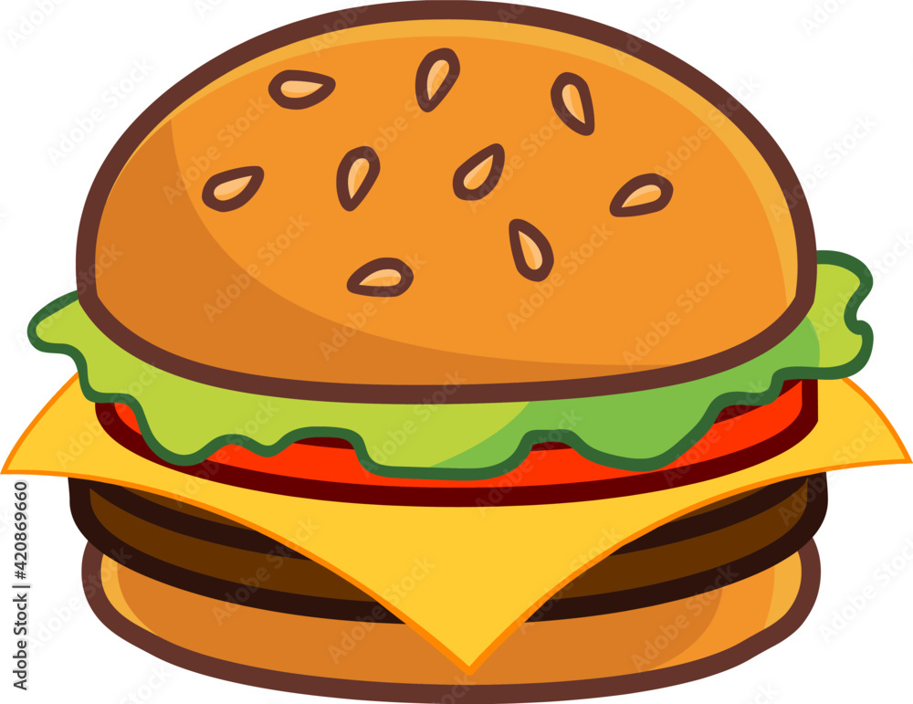 Cartoon Burger With Lettuce, Tomato, And Cheese. Vector Hand Drawn