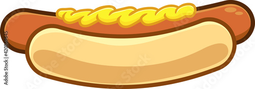 Cartoon Hot Dog With Mustard On A Bun. Vector Hand Drawn Illustration Isolated On Transparent Background