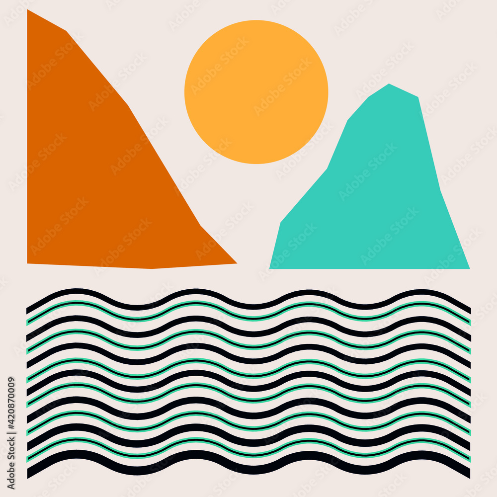 
Sea mountains sun simple vector abstract illustration.